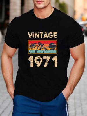 Vintage 1971 Herrenhemden kurzärmelig klassisch cool Rundhalsausschnitt Baumwolle T-Shirt Oberteil.