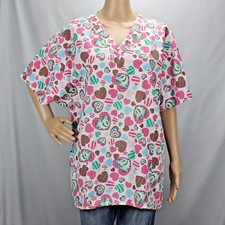 Dickies 2XL Colored Hearts Scrub Top V Neck Two Pockets Side Slits Short Sleeve