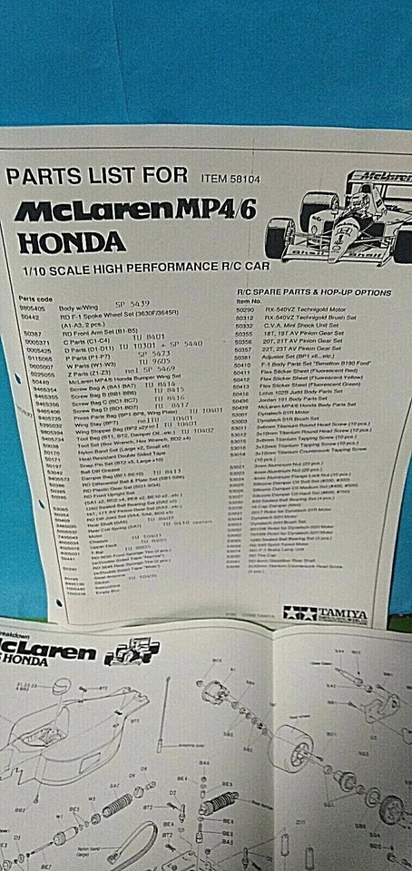 TAMIYA PARTS LIST For MCLAREN MP4 6 F.1 HONDA 58104 1/10 CARS RC - Immagine 2 di 3