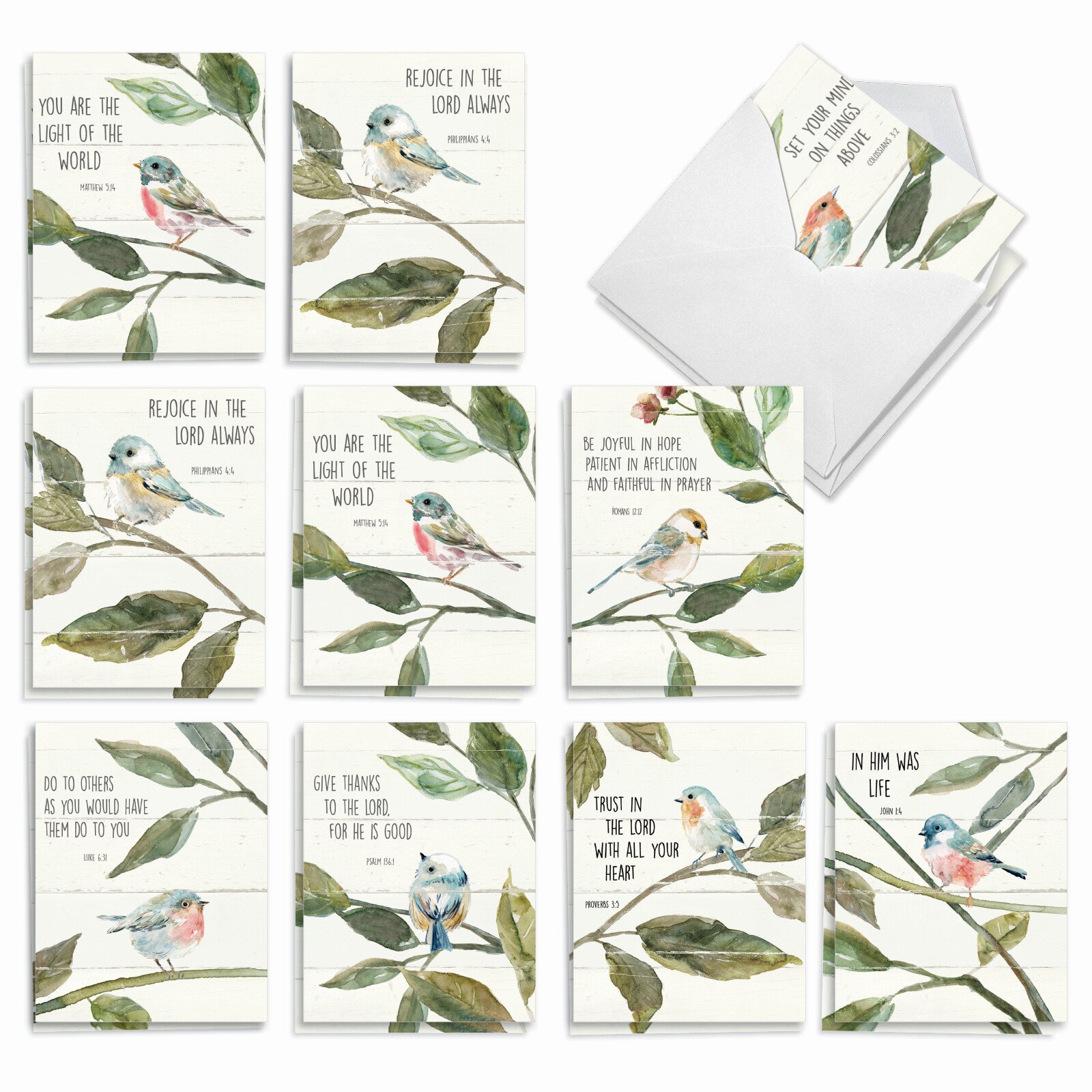 20 Assorted Blank Cards (10 Designs, 2 Each) - Scripture Birds AM7108OCB-B2x10