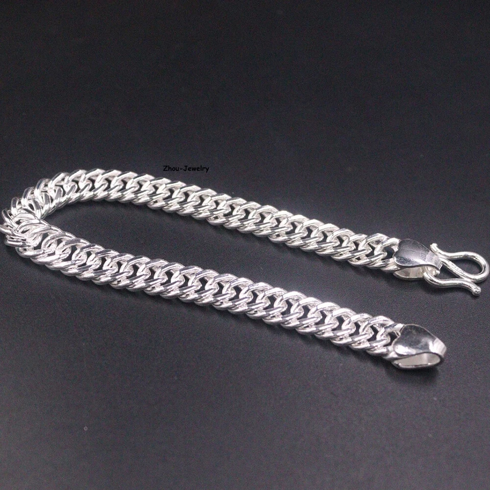 Pulsera de eslabones cubanos de cadena de plata fina 9999 pura de 8 mm 19-20 g 7,5 pulgadas 18 cm Foto 2 de 4