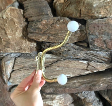 Large Vintage Coat Hat Double Hook Brass Ceramic Knobs