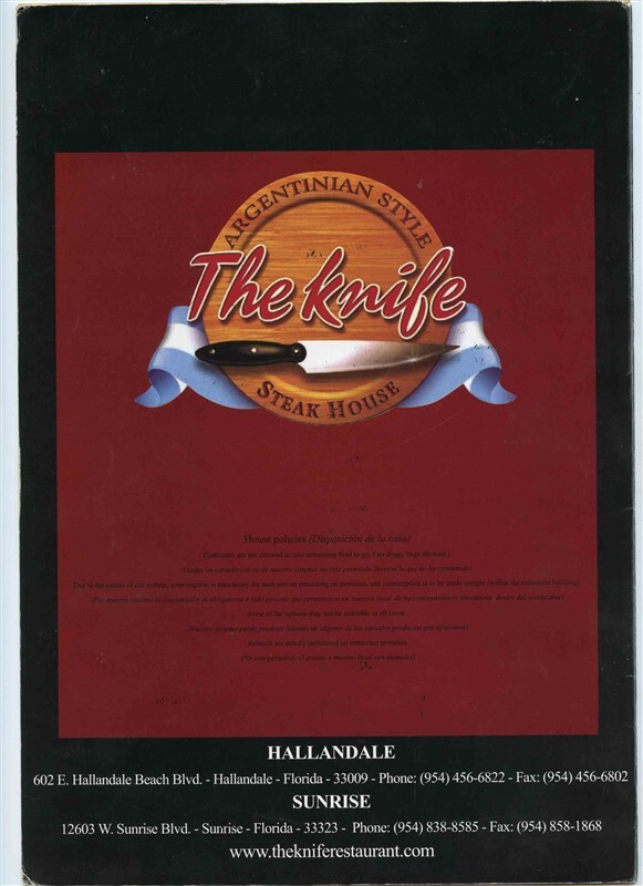 The Knife Argentinian Steak House Menu Hallandale & Sunrise Florida eBay