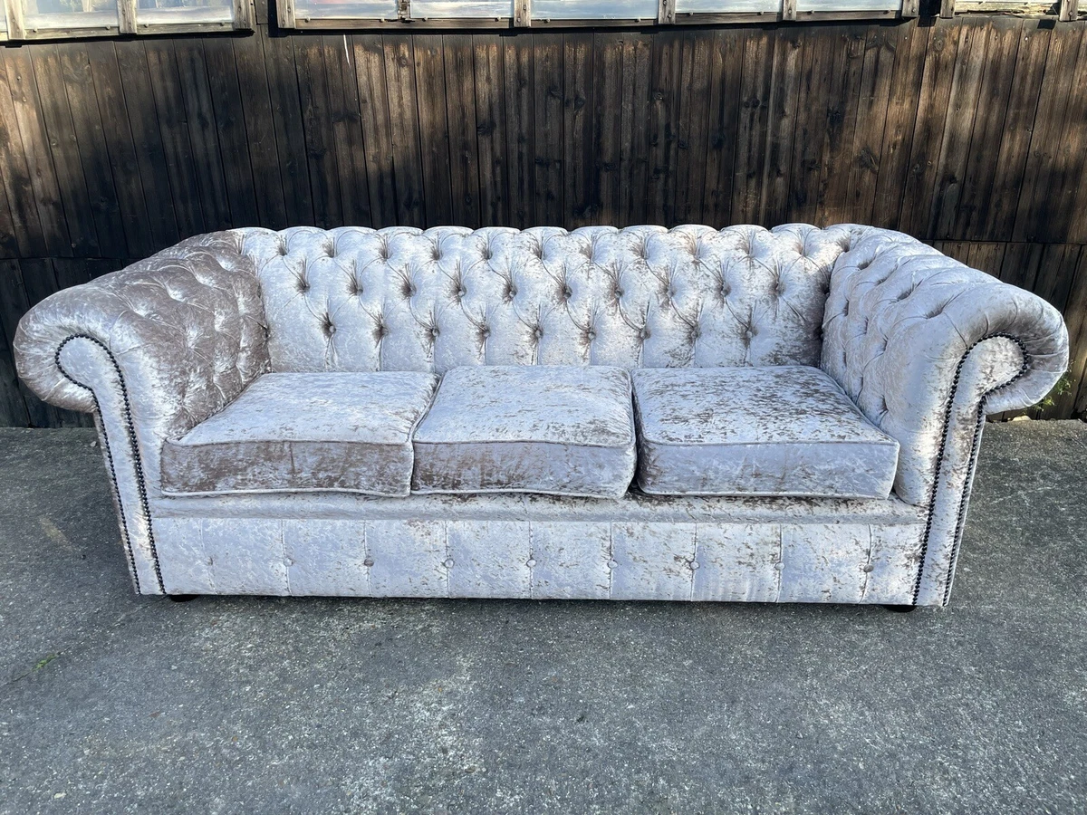 Silver Crushed Velvet Chesterfield sofa 3 Seater FREE DELIVERY