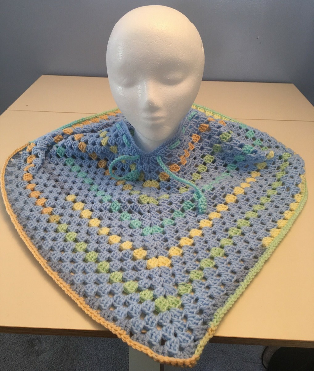 NEW Handmade Crochet Unisex Child Poncho Blue/multi Granny Stitch