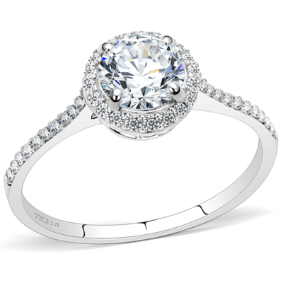 Clear CZ Pave Halo Stainless Steel Engagement Ring