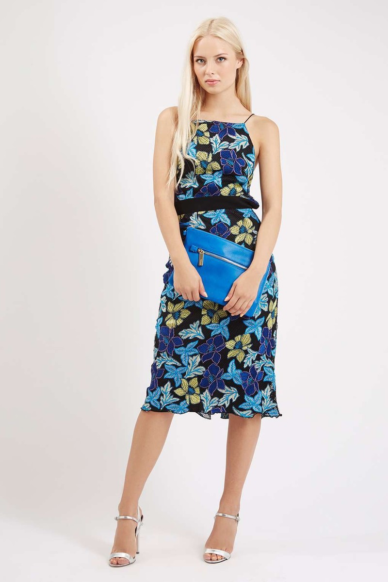 TOPSHOP Embroidered Floral Midi Dress Sz 6 Blue Black | eBay
