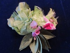 Vtg Millinery Flower Collection Lime Green w/Pink Velvet  Feathers 2-4" H5266