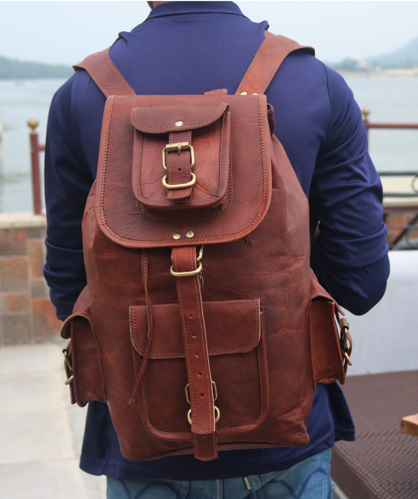 Vintage Brown Genuine Leather Laptop Backpack for Men Travel Rucksack-image