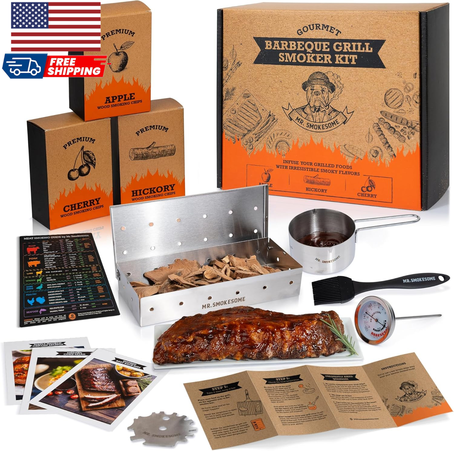 Wood Smoked BBQ Grill Set 12 Pcs Grill Kit Smoker Box BBQ Gi