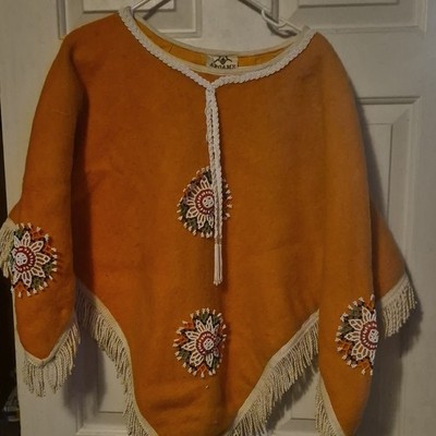 Alqame Women s Orange/White Beaded Fringe Tie-Front Poncho Cape One Size