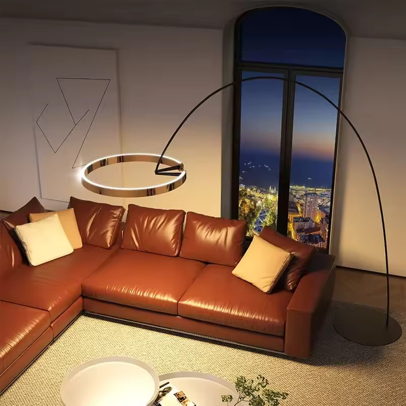 Lampadaire LED doré salon moderne luminaire sur pied design anneau