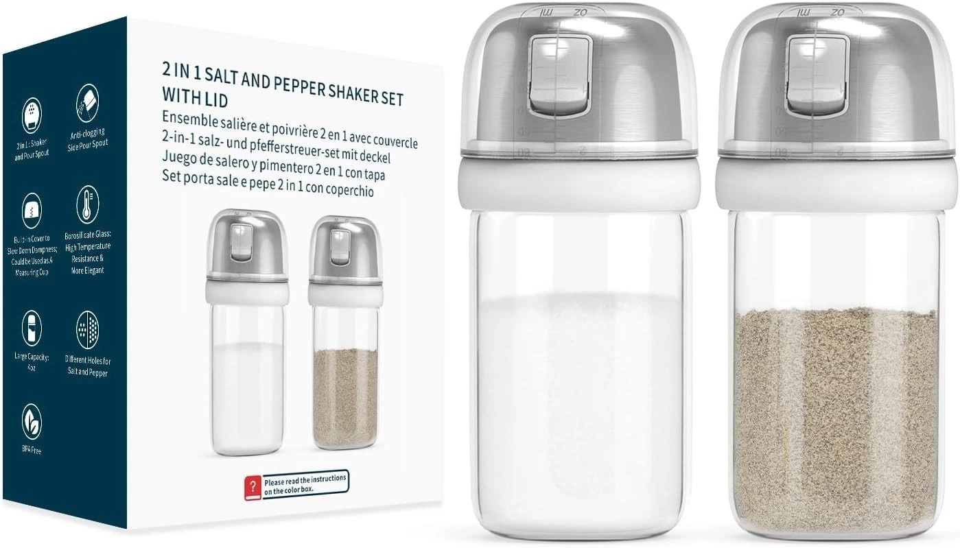 KTCHENDAO 2 in 1 Glass Salt and Pepper Shaker with Side Pour Spout, Built-in
