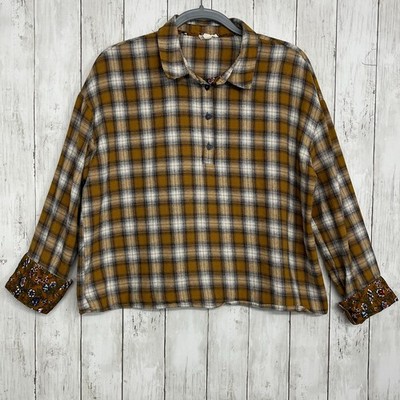 Hem & Thread Plaid 3/4 Button Floral Roll Cuff Collared Fall Autumn Shirt Large