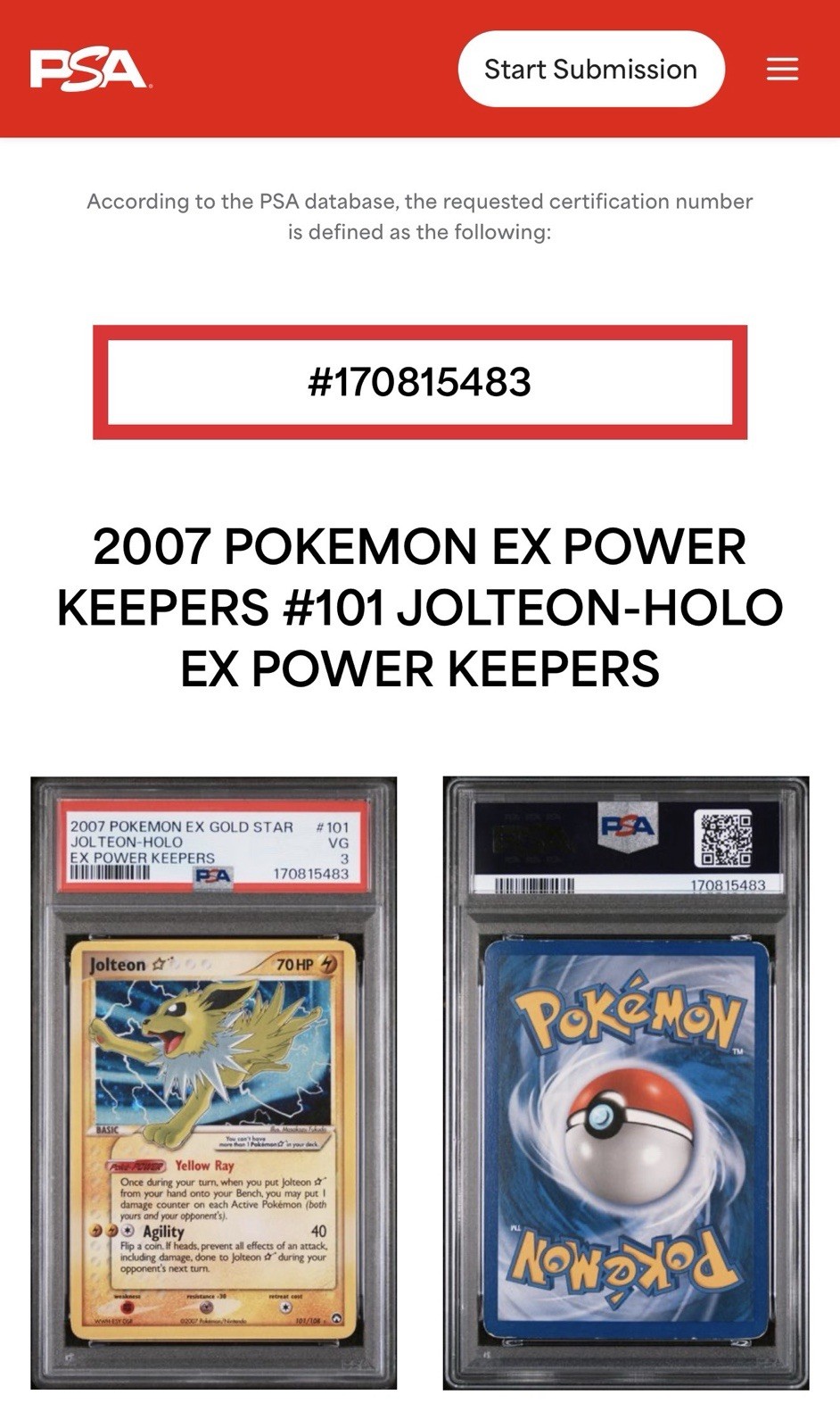 2007 Pokemon EX Power Keepers Gold Star #101 Jolteon Holo PSA 3 view 5