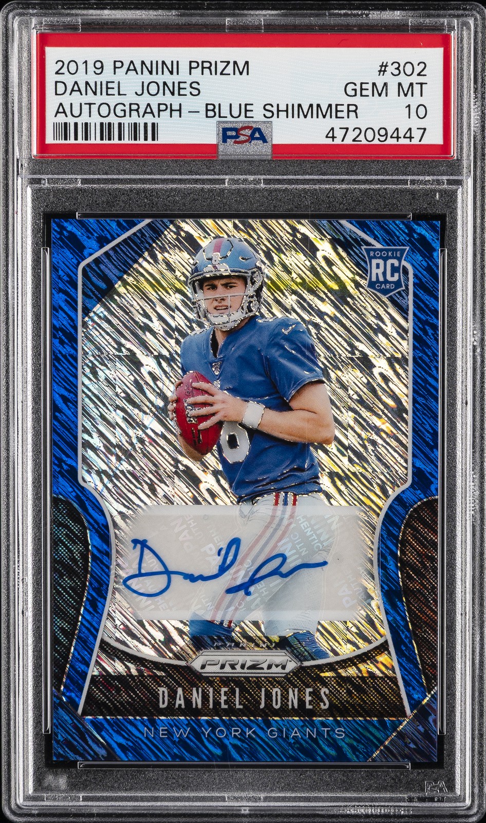 2019 PANINI PRIZM AUTO-BLUE SHIMMER #302 DANIEL JONES ROOKIE RC #/10 PSA 10