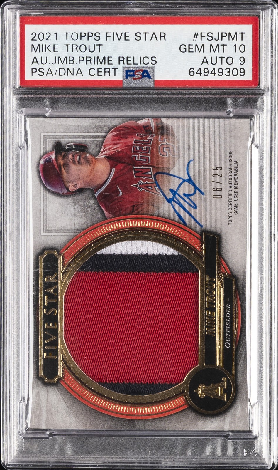 TOPPS FIVE STAR AUTOGRAPHED JUMBO PRIME RELICS MIKE TROUT 6/25 PSA 10 AUTO 9