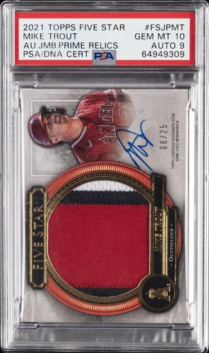 TOPPS FIVE STAR AUTOGRAPHED JUMBO PRIME RELICS MIKE TROUT 6/25 PSA 10 AUTO 9