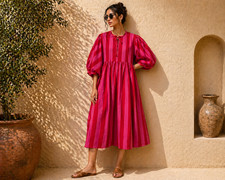 Pink Red Stripe Cotton Midi Dress, Boho Puff Sleeve Summer Casual Flowy Silhouet