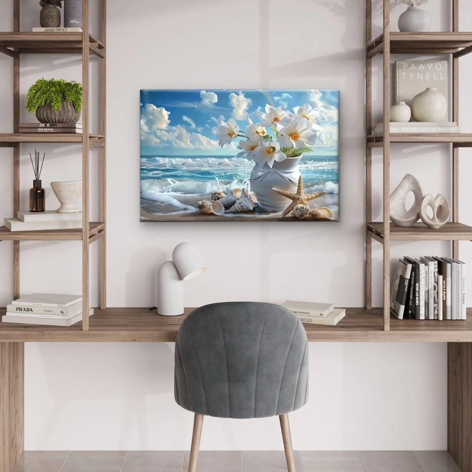 White Flowers And Seashells On Beach Wall Art Canvas Unframed Print Art - Image 3 of 4