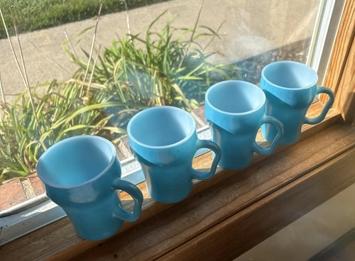 Vintage MCM 4 Blue Fire-King Cola Soda D Handle Mugs  Anchor  Hocking
