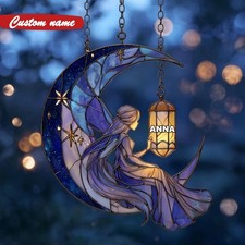 Fairy Moon Acrylic Suncatcher Faux Stained Glass Celestial Window Hanging Decor