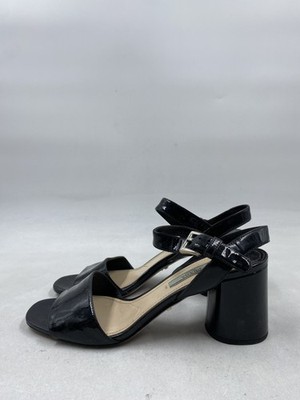 Prada Black Patent Leather Ankle Strap Block Heel W 5.5