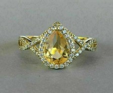 Pear Cut 4Ct Yellow Citrine Halo Engagement Ring Solid 14K White Gold Finish