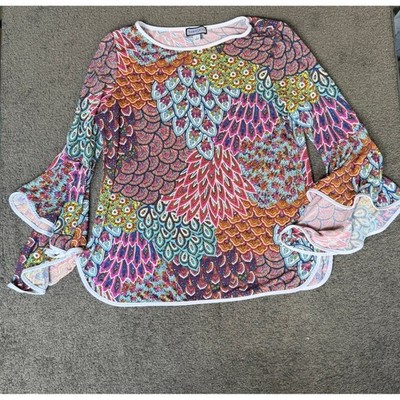 Sam and Jess Womens Large Multi Color Paisley Peacock Bell Sleeve Ruffle Top