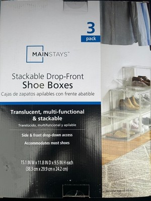 NEW Mainstays Stackable Drop Front Shoe Boxes Clear Storage 3 Pack Box