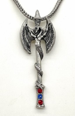 Vintage COMSTOCK Pewter Gothic Axe Winged Dragon Pendant Red Blue Crystals 2.5''