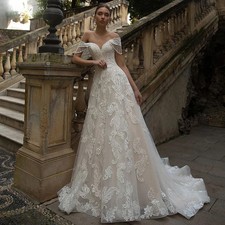 Exquisite Princess Wedding Dress Off The Shoulder Lace Print A Line Bridal Gown