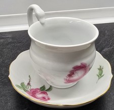 Antique Meissen Crossed Swords Pink Rose Swan Handle Cup  Saucer small chip 