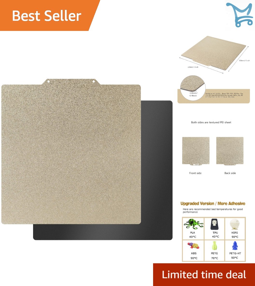 330x330mm Double Sided Textured PEI Bed for 3D Printers, Easy Magnetic Install