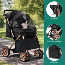 Foldable Pet Stroller with Mesh Windows, Cup Holder, 360° Wheels & Brake (Black)
