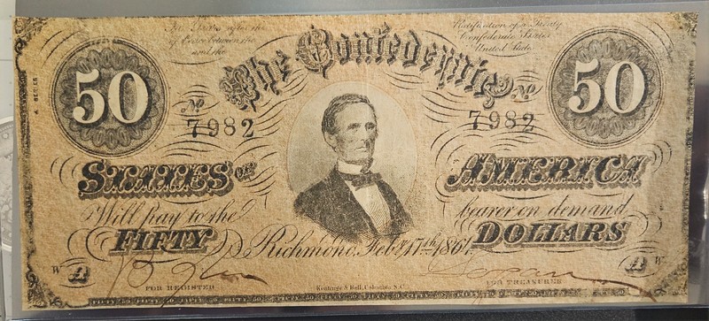 1864 Feb 17th $50 Confederate States of America note Type 66 Richmond VA SN7982