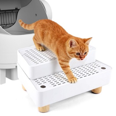 2-Step Cat Litter Box Ramp with Mat & Filter, Ideal for Small/Senior Cats-White