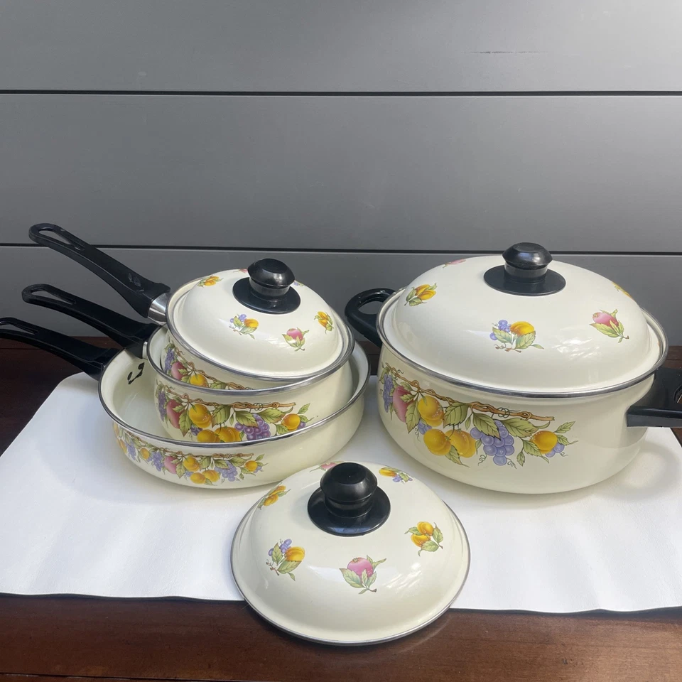 Panelas de esmalte de frutas vintage 7 peças panelas retrô tampas alça de cozinha anos 70 cm adereço - Imagem 4 de 4