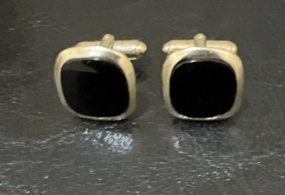 Gemelos Anson Vintage Bala Trasera Palanca Tono Dorado Negro Ónix Piedra Cuadrado Foto 4 de 4