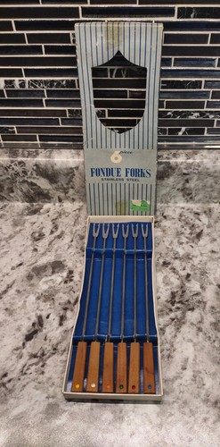 Vtg MCM (6) Fondue Forks Set Modern Wood Handle Stainless Steel w Box Japan