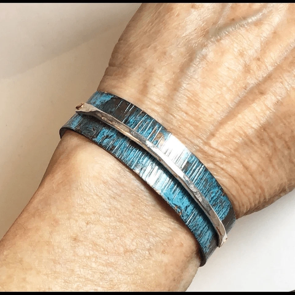 Brazalete de cobre y ley con pátina turquesa, NUEVO, hecho a mano Foto 4 de 4