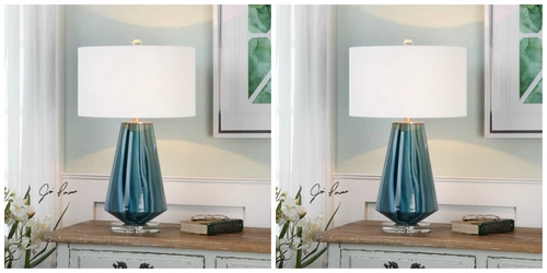 TWO PESCARA TEAL GRAY BLUE GLASS TABLE LAMPs CRYSTAL BASE 27225 - Picture 1 of 3