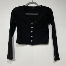 Zaful Button Up Crop Top Womens 6 Black Textured Casual Dark Academia Gothic