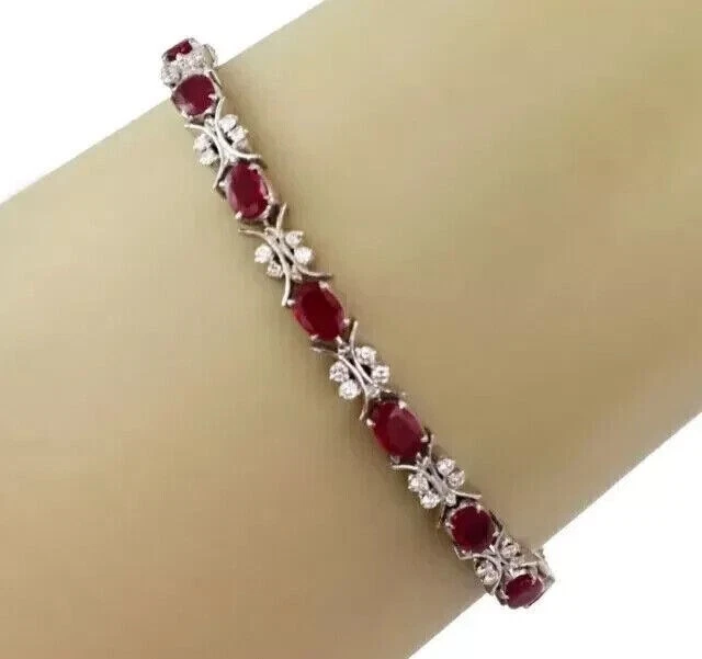 8CT Oval Cut Lab Created Red Ruby Gorgeous Tennis Bracelet 14k White Gold Plated - Image 4 of 4