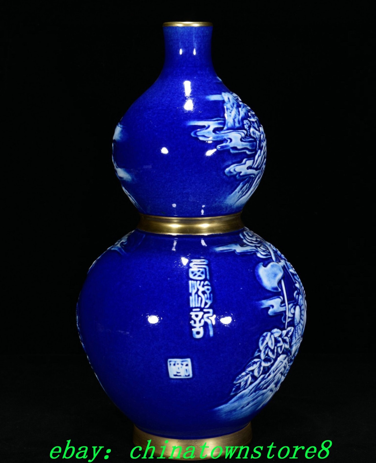12" Qianlong Marked Blue White Porcelain Gilt Xiyouji TangSeng Gourd