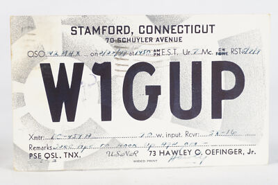 1949 Amateur Ham Radio QSL Card Stamford Conn W1GUP Hawley Oefinger | eBay