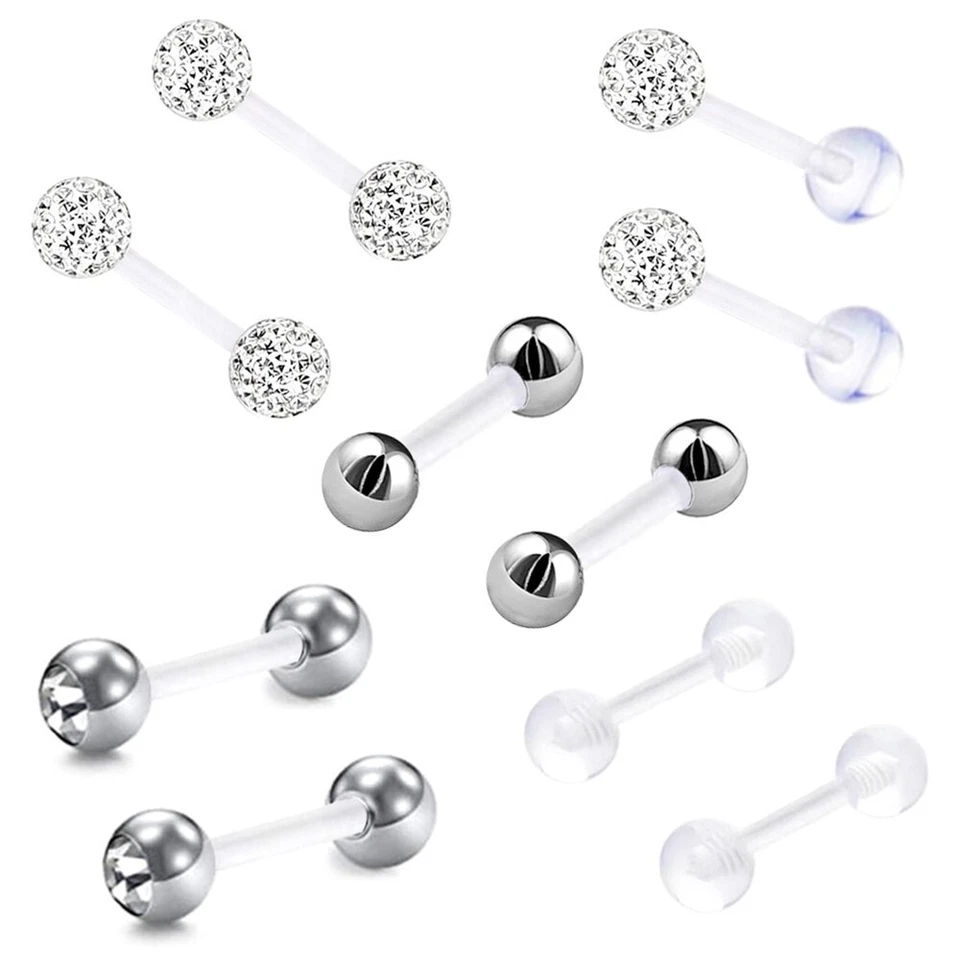 10pcs Acrylic Crystal Ear Stud Cartilage Tragus Bioflex Bar Barbell Piercing Set Foto 2 de 4
