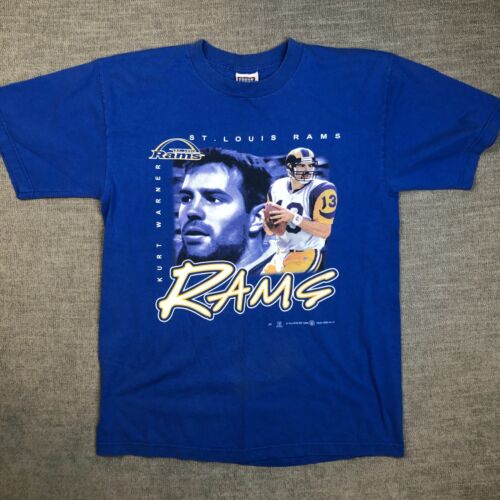Vintage STL St Louis Rams Kurt Warner T Shirt Mens L Blue NFL 1999 - Afbeelding 1 van 9