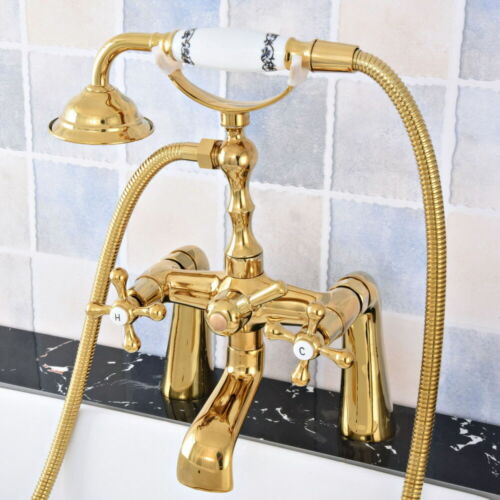 Polished Gold Brass Tub Deck Mount Clawfoot Tub Faucet with Hand Shower Gtf786