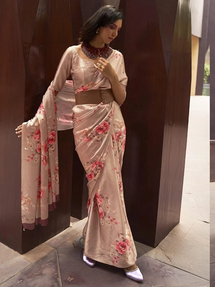 Sari para mujer Banarasi satinado seda estampado floral con pieza blusa sin costuras Foto 3 de 4